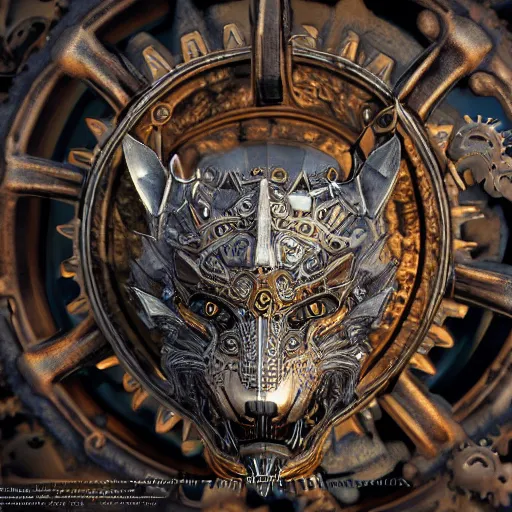 Prompt: steampunk ornate wolf mask made of engraved full plate armor and gears, Macro shot by Justin Gerard, unreal engine, physically based rendering