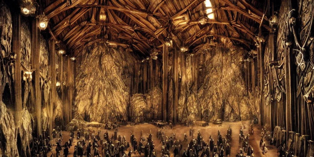 Prompt: The great hall of the mountain king. hyper realistic, lord of the rings