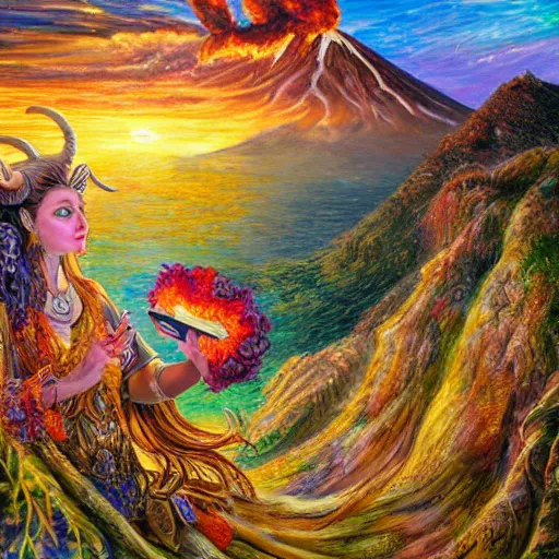 Image similar to painting by senior concept artist josephine wall, horned ram goddess checking her cell phone, erupting volcano and sunset in distance in background, flowers in foreground, trending on artstation, zodiac, fantasy, acrylic on canvas, intricately detailed, highly detailed, high resolution, hd, hdr, 8 k