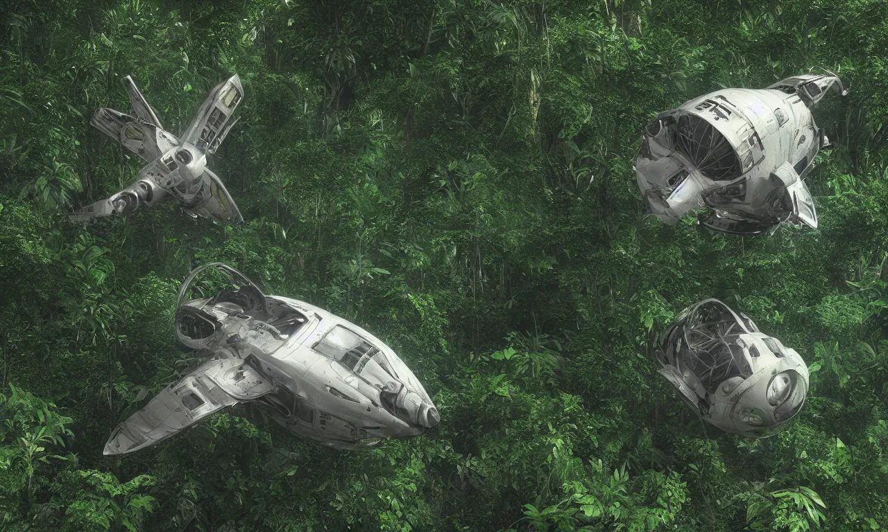 Image similar to Astronaut prometheus spaceship crashed in jungle , deep in the tropical rain forest ,wide angle low cinematic lighting atmospheric realistic octane render highly detailed in he style of craig mullins, full hd render 3d octane render unreal engine 5 Redshift Render Cinema4D C4D Rendered in Houdini Houdini-Render Blender Render Cycles Render OptiX-Render Povray Vray CryEngine LuxCoreRender MentalRay-Render Raylectron Infini-D-Render Zbrush DirectX Terragen Autodesk 3ds Max After Effects 4k UHD immense detail interdimensional lightning + studio quality enhanced quality