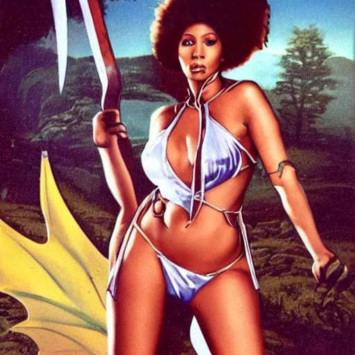 Image similar to 1 9 8 0 s fantasy novel book cover, nicki minaj in a string bikini holds a huge sword ready to fight a dragon