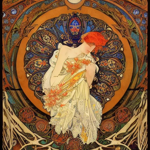 Prompt: ethereal nightingale bird made of fabric, alphonse mucha, ganbrood william morris, delicate, textured, ornate, complex detailed illustration, swirling, octane render, intricate detail, orange blue gold