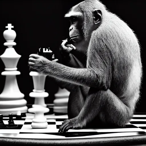 Image similar to black and white portrait photo of a monkey eating a chess piece by annie liebovitz,