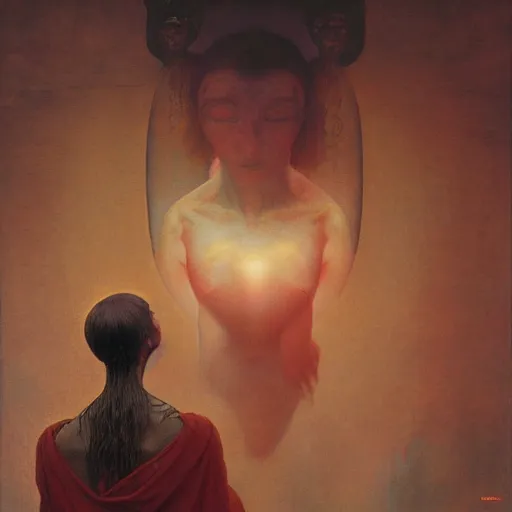 Image similar to Woman masterpiece, red, golden halo behind her head, by Edgar Maxence and Ross Tran, Zdzisław Beksiński, and Michael Whelan, distant, gustav dore, H.R. Giger, 8k, octane render