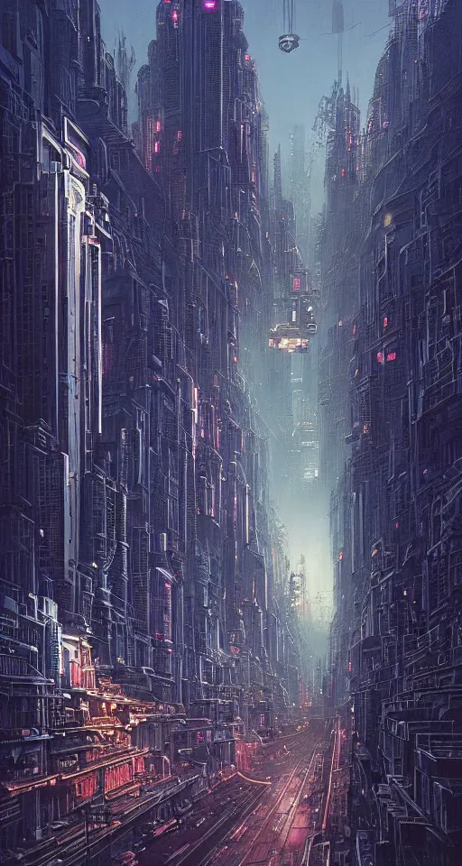 Prompt: futuristic sci - fi cityscape at dusk, poluted sky, lanes of small flying vehicles, skyscrapers, neon signs, dense urban sprawl, dark, cool muted light, cool colors, robert mccall, greg rutkowski, h r giger