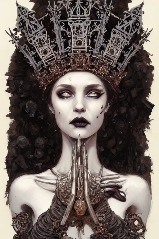 Prompt: a portrait of the blind bone goddess with a crown of skulls, full figure, intricate, gothic, highly detailed, digital painting, artstation, smooth, sharp focus, illustration, art by greg rutkowski, loish, rhads, makoto shinkai and lois van baarle, ilya kuvshinov, rossdraws