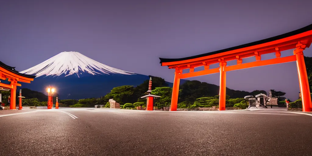 Image similar to A night photo of a school bus driving towards a Japanese Torii gate at Mount Fuji location in Japan, time travel, ray tracing