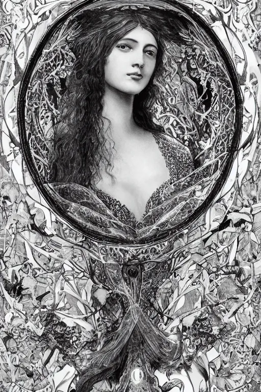 Image similar to An extremely beautiful pre-raphaelite ornate portrait of a very beautiful witch, surreal, ultradetailed, intricate, elegant, digital art painting, concept art, smooth, sharp focus, magazine art cover illustration, regal, award winning picture, extremely detailed masterpiece, sense of awe, featured on Artstation, Artgerm, winning award piece, ethereal bubbles, Aetherpunk, low-key neon lightning, stormy weather, Exquisite floral details, 8K detail post-processing, matte, oil painting