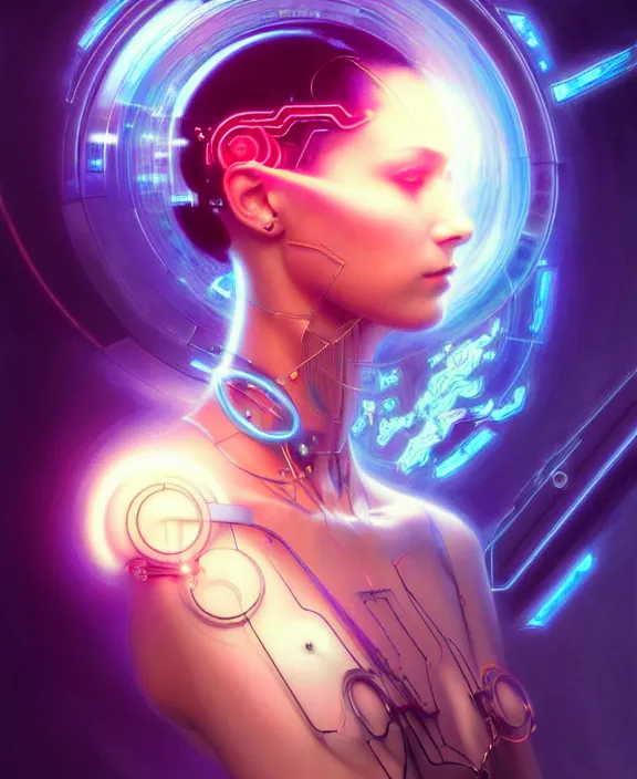 Image similar to a whirlwind of souls rushing inside the metaverse, hologram, half body, neurochip, shaved temple, piercing, jewelry, android, cyborg, cyberpunk face, by loish, d & d, fantasy, intricate, elegant, highly detailed, colorful, digital painting, artstation, concept art, art by artgerm and greg rutkowski and alphonse mucha