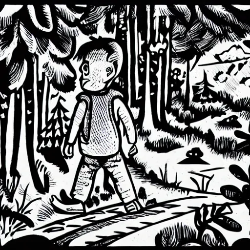 Image similar to mcbess illustration of a little boy with a blue backpack in a forest