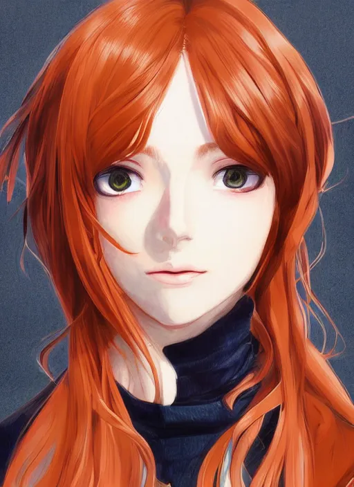 Image similar to portrait illustration by shigenori soejima, beautiful foxgorl, focus on face, pretty, cinematic lighting, painterly, long wavy orange hair, light brown trenchcoat