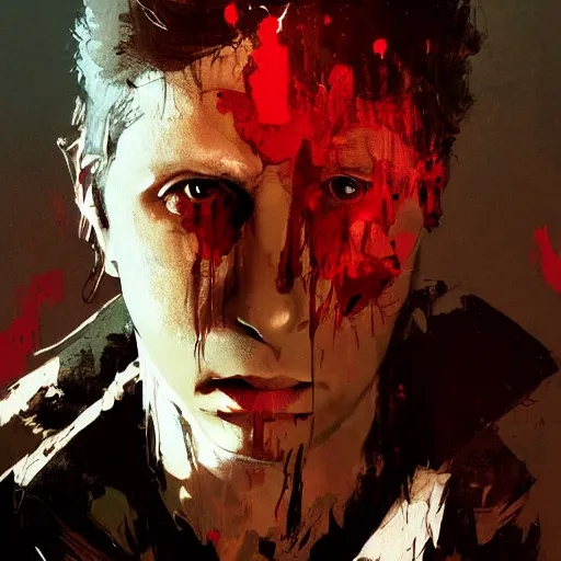 Image similar to portrait of Michael Cera with an angry expression, blood covering his face, wearing a leather jacket, dramatic lighting, illustration by Greg rutkowski, yoji shinkawa, 4k, digital art, concept art, trending on artstation