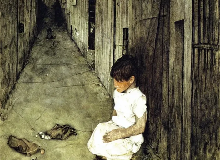 Image similar to dark alley full of poor children who live on the street, painting by andrew wyeth and alan lee, very detailed, somber mood,