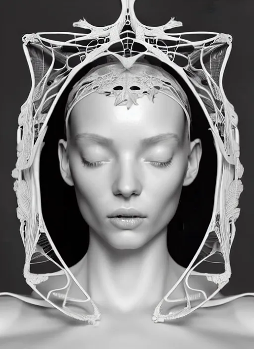 Prompt: complex 3d render ultra detailed of a beautiful porcelain profile young woman face, biomechanical cyborg, 150 mm lens, beautiful studio soft light, rim light, silver white gold details, magnolia big monochromatic lemon leaves and stems, roots, fine foliage lace, mesh wire, Alexander Mcqueen high fashion haute couture, art nouveau fashion embroidered, stteampunk, intricate details, hyper realistic, ultra detailed, mandelbrot fractal, anatomical, facial muscles, cable wires, microchip, elegant, octane render, H.R. Giger style, volumetric lighting, 8k post-production