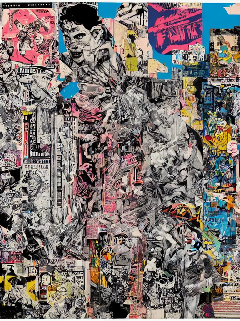 Prompt: a street art style multi - media collage by faile and patrick mcneil and patrick miller, lowbrow, pop culture, historic references, comic and cartoon references