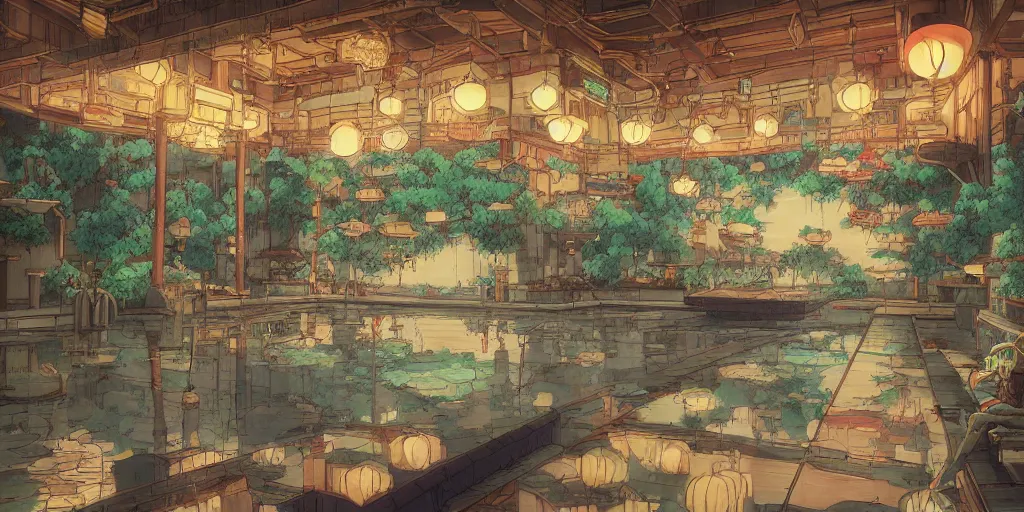 Image similar to bathhouse ( spirited away ), japanese, bright. photorealistic, expansive atmosphere, volumetric shading, intricate and detailed, vivid colors. breath of the wild style, by hayao miyazaki ghibli!!!. trending on artstation. award winning