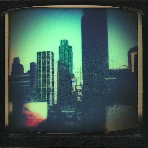 Image similar to polaroid of dream, city, double exposure, chromatic aberration