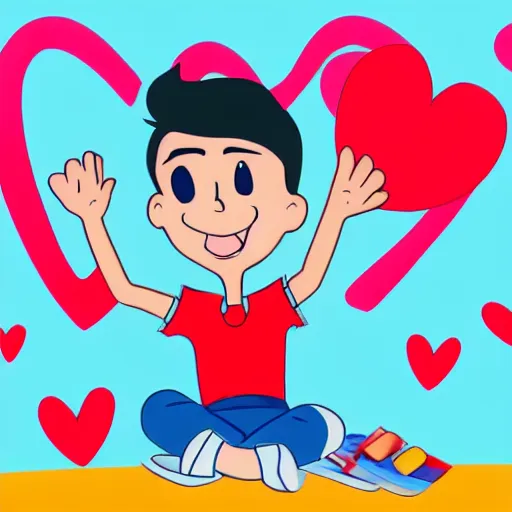 Image similar to boy cartoon character saying i love alex, high quality, making a heart sign with his hand, digital art,