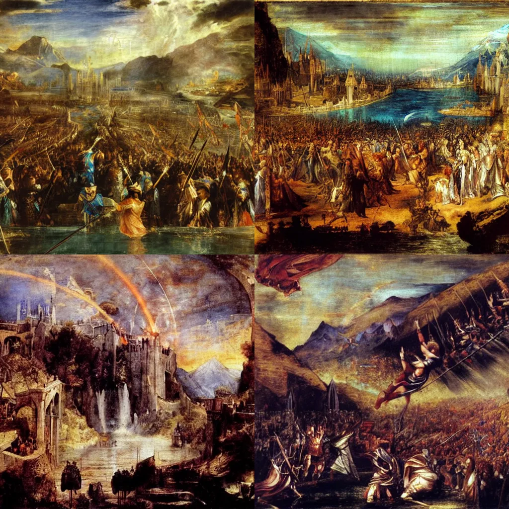 Prompt: The fall of Gondolin, painting by Titian