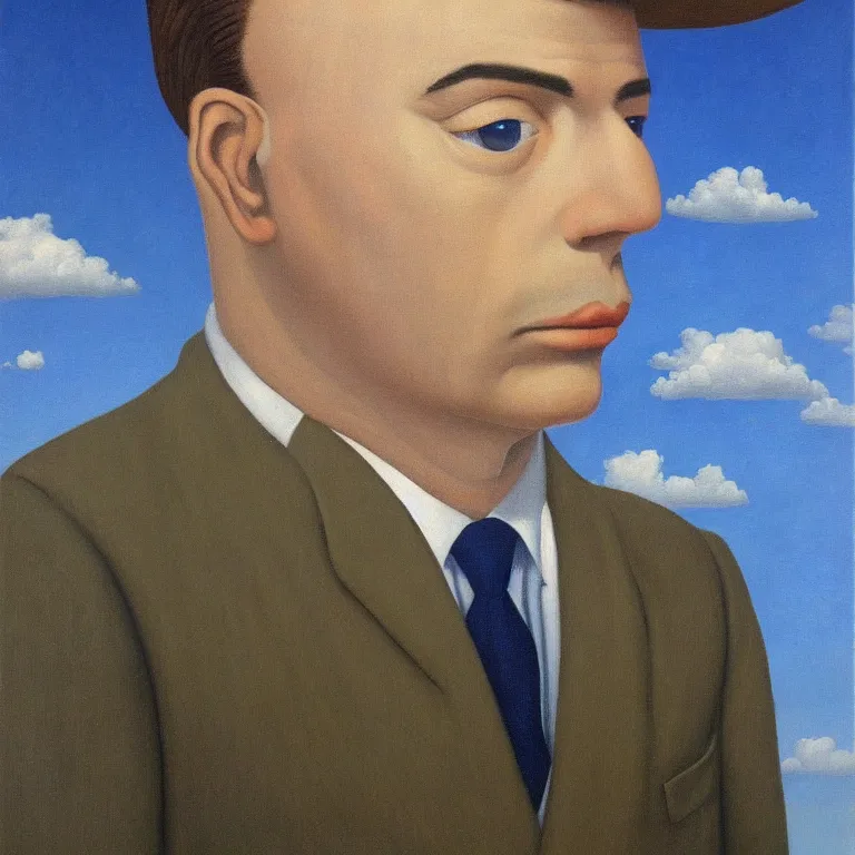 Image similar to portrait of a cloud man in a suit by rene magritte, detailed painting, hd, hq, high resolution, high detail, 4 k, 8 k