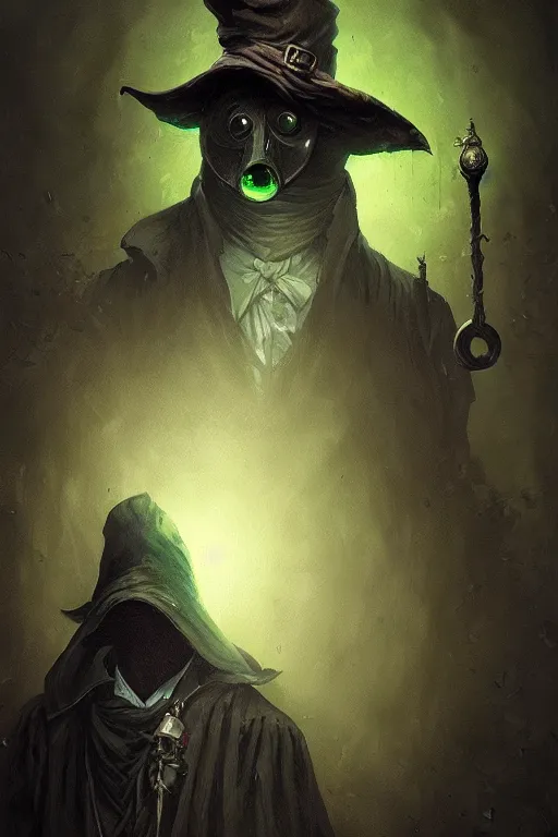 Prompt: A fancy portrait of a green plague doctor by Greg Rutkowski, Dan Mumford, Christophe Vacher, Bloodborne, 8k photorealistic, volumetric lighting, HD, high details, dramatic, dark atmosphere, trending on artstation