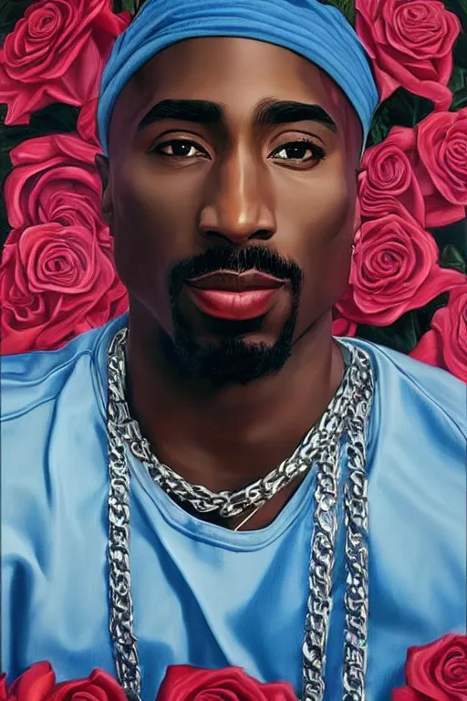 Image similar to Tupac, portrait by Kehinde Wiley!!, roses, artgerm, loish, oil painting,