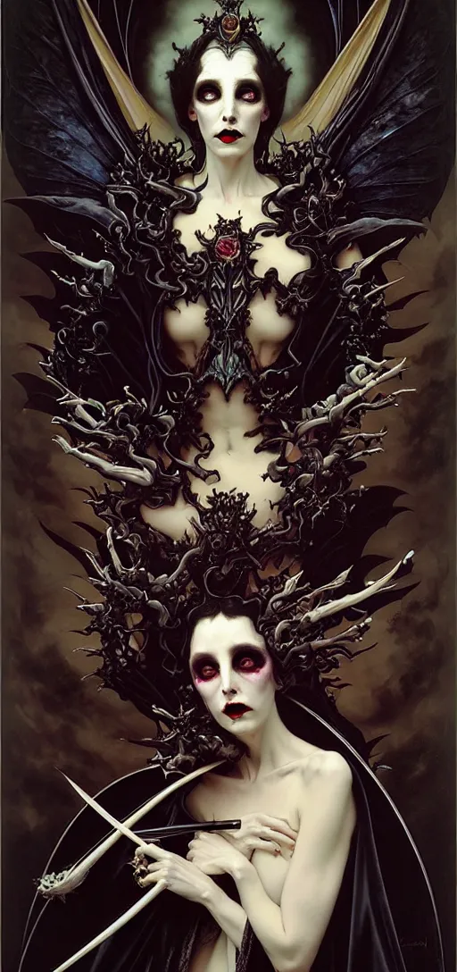 Image similar to baroque oil painting of vampire queen in gothic robes with bat wings, by nekro, peter mohrbacher, alphonse mucha, brian froud, yoshitaka amano, kim keever, victo ngai, james jean