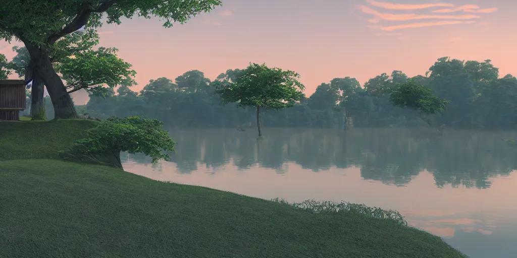 Image similar to a serene landscape with singular building near a lake with lotus at sunrise, pixar style, ghibli studio anime style, 8 k, hdr, octane render, unreal engine 5