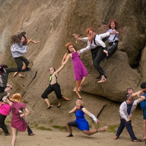 Image similar to group of people dancing and falling down a cliff