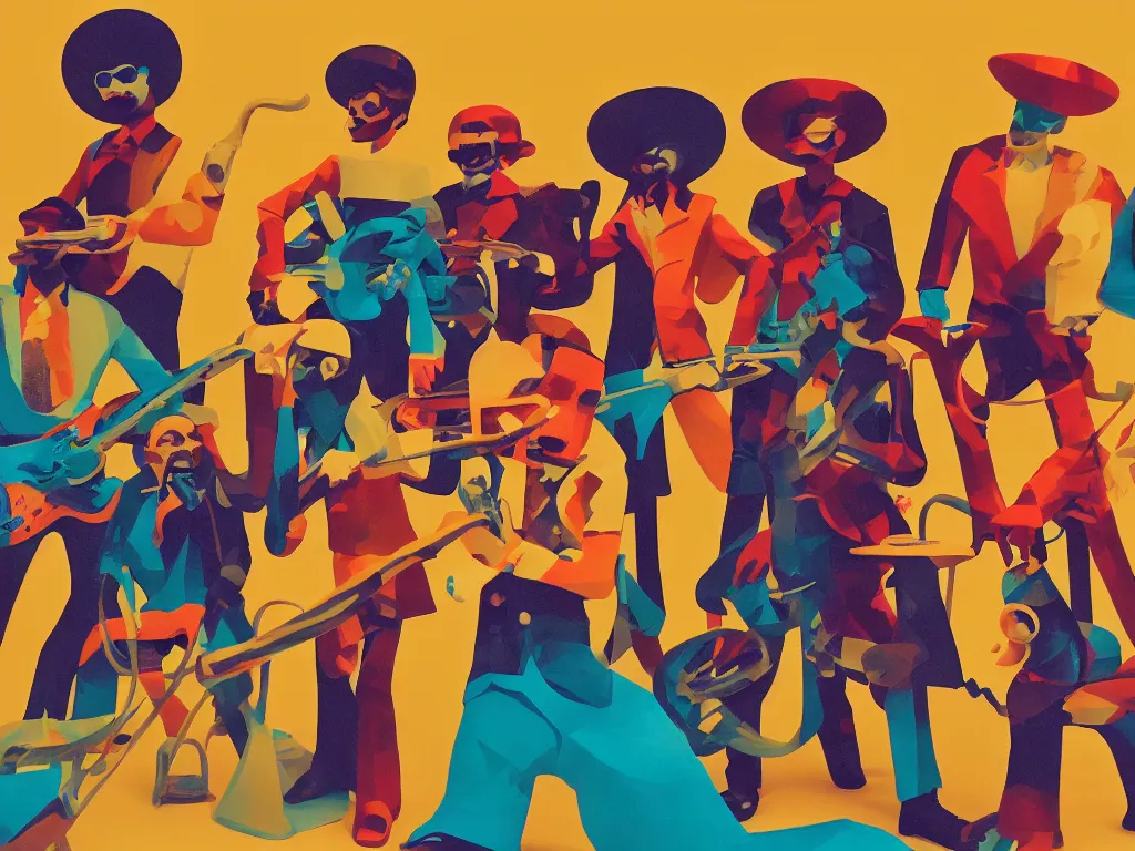 Prompt: 5 member funk band, retro - vintage, neo soul, mixed media with claymorphism, gouache paint, 6 4 mm film, spatialism, matte color palette, designed by artstationhq, retro, 3 - dimensional, gouache 3 d shading, tilt shift, low fi,