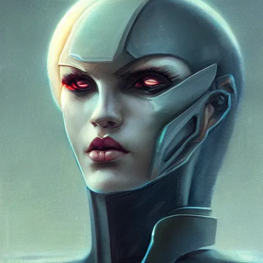 Image similar to portrait rough female cyborg, short white punk hair, wearing futuristic military body armor, art by pete mohrbacher and seb mckinnon and beksinski and josan gonzales, digital art, highly detailed, intricate, sci-fi, sharp focus, Trending on Artstation HQ, deviantart, unreal engine 5, 4K UHD image