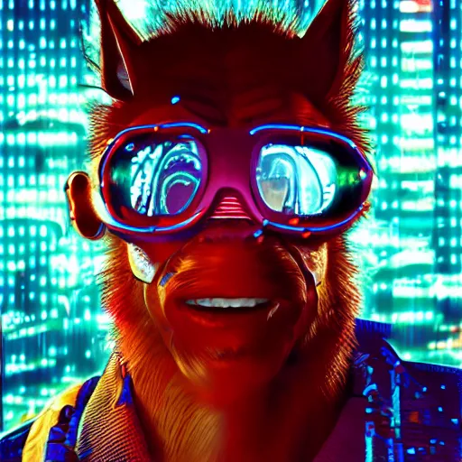 Image similar to augmented cyberpunk alf, cartoon portrait made out of rain, realistic, highly detailed, neon, rendered in octane, unreal engine, rain, beautiful, trending on artstation, emotional