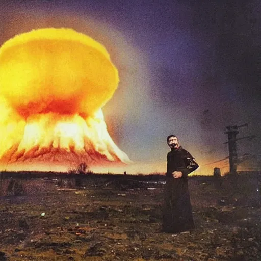 Prompt: radiation eats a real ukrainian and ugly dwarfs alive wild pain and desperate selfies, all dressed and painted in dirty yellow - blue colors against the backdrop of a huge nuclear explosion from which the skin has already burned to the bone