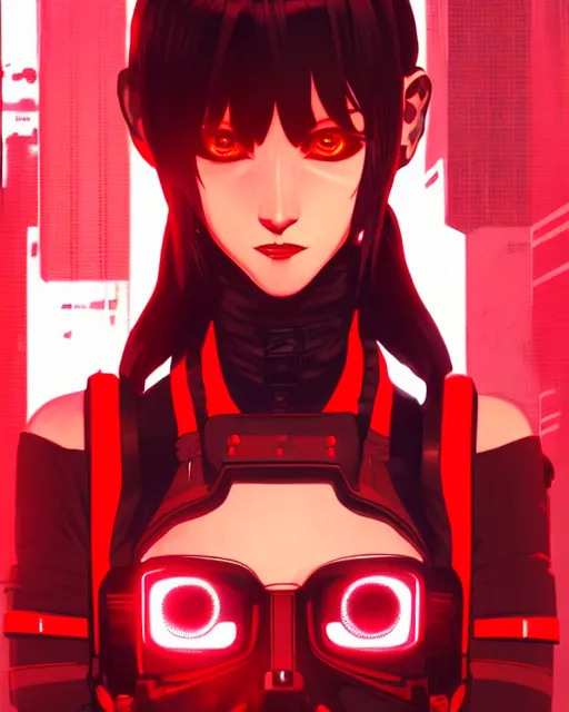 Image similar to a comic potrait of a cyberpunk cyborg girl with black and red parts, fine - face, realistic shaded perfect face, fine details. night setting. very anime style. realistic shaded lighting poster by ilya kuvshinov katsuhiro, unreal engine, global illumination, radiant light, detailed and intricate environment