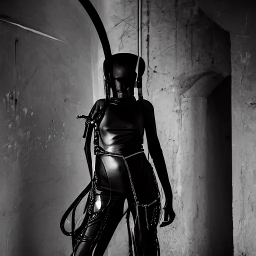 Image similar to fashion photography of an extraterrestrial model, holding a leather whip, wearing demobaza fashion, inside berghain, berlin fashion, harness, futuristic fashion, dark minimal outfit, photo 3 5 mm leica, hyperdetail, berghain, 8 k, very detailed, photo by nick knight