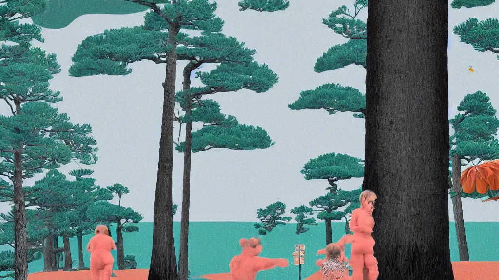 Image similar to a mama and baby bear at a seaside landscape with sequoia trees, japan, a collage painting, in the style of wes anderson, lola dupre, david hockney, isolated on negative white space background dark monochrome neon spraypaint accents volumetric octane render