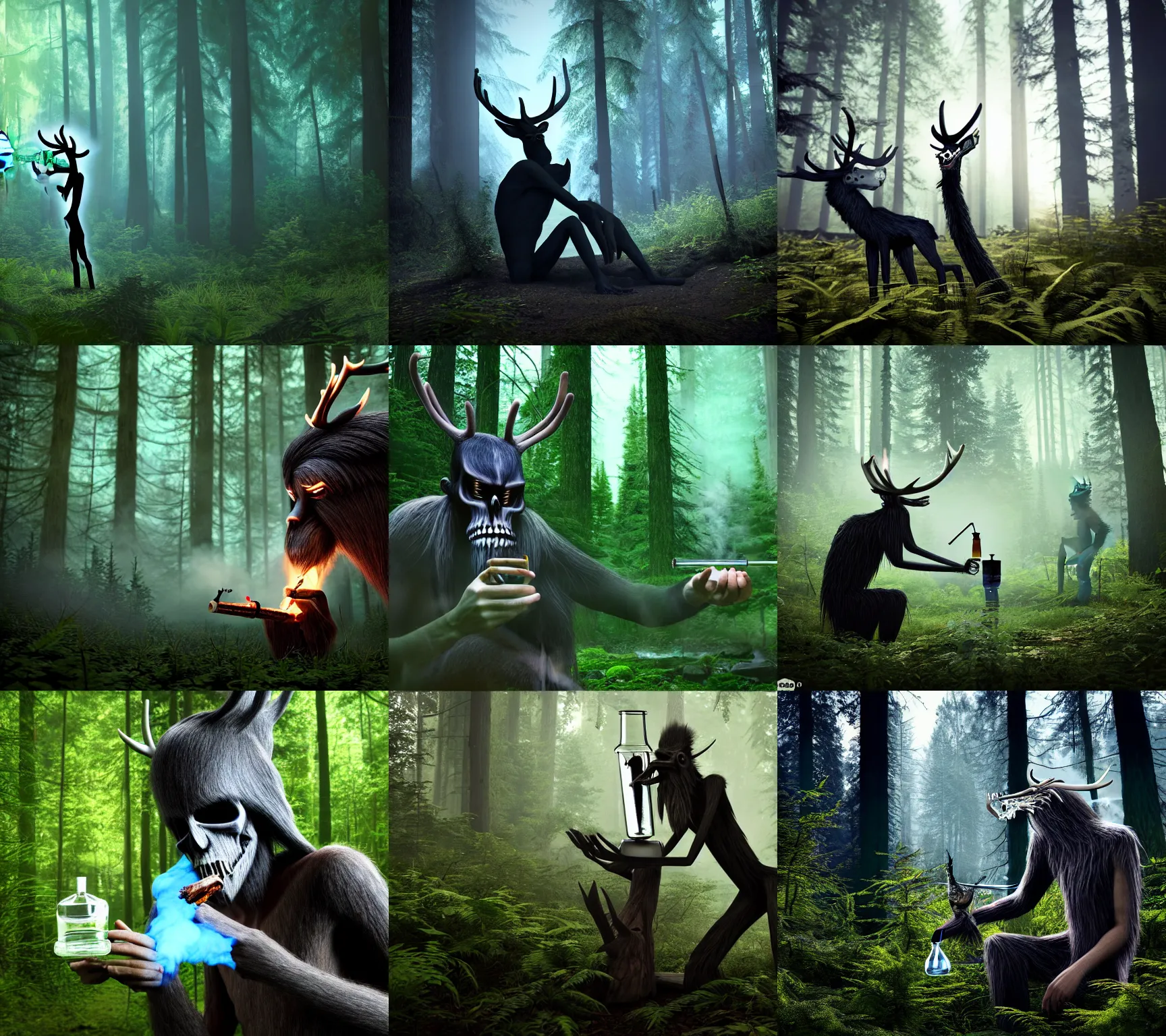 Prompt: Wendigo smoking a bong in a deep forest, 8k resolution, high detail, reflections, HYPERREALISTIC VFX SIMULATION, post processing