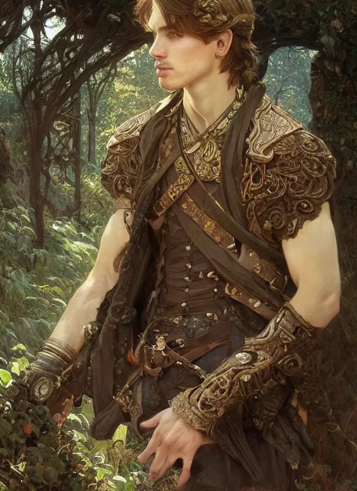Prompt: intricate detailed portrait painting of a male fantasy ranger, old mystic ruins, afternoon, intricate, elegant, highly detailed, digital painting, sharp, focus, illustration art by artgerm and greg rutkowski and alphonse mucha