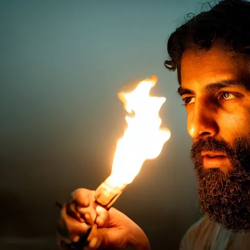 Prompt: award winning cinematic still portrait of intense 27 year old Mediterranean skinned man in Ancient Canaanite tunic, holding a flaming torch, beard, short hair, Nighttime. action, violence, Biblical epic directed by Steven Spielberg