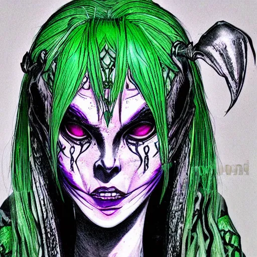 Prompt: character art of evil druidess | dynamic pose | by Junji Ito | blighted forest | comic book style | realistic face and body | beautiful detailed young face | pulp adventure heroine | green and purple vivid watercolor | detailed pen and ink