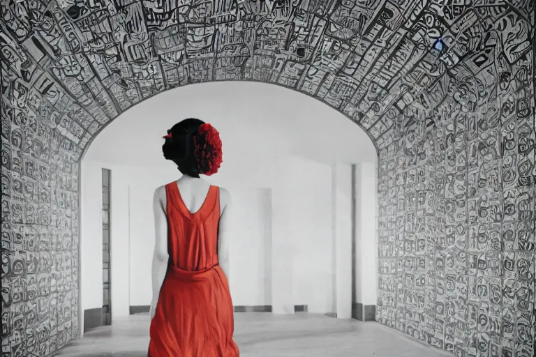 Image similar to giant flower head, girl walking in 1 9 6 0 hotel, surreal, symmetry, flat space, fanciful, hue, detailed, wes anderson