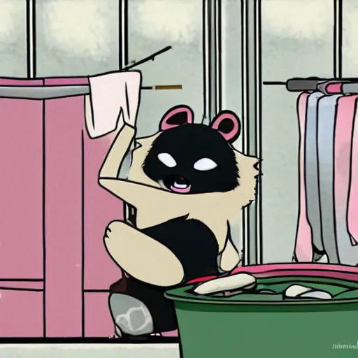 Image similar to Tanuki doing his laundry, anime style