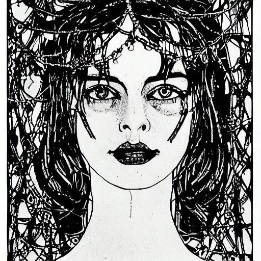 Image similar to illustration or margot robbie in black and white by harry clarke