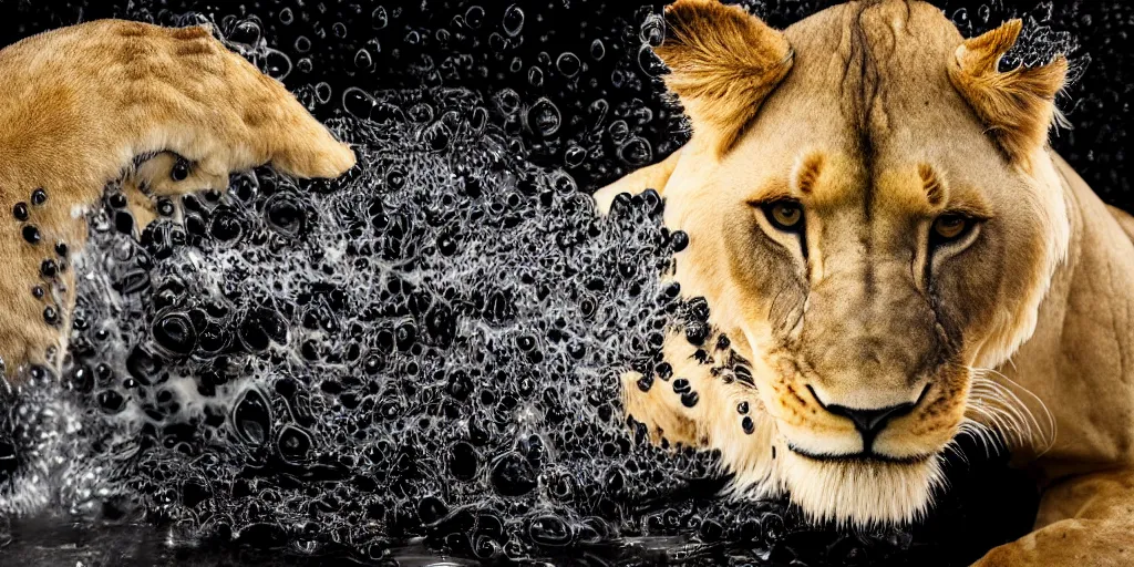 Image similar to a lioness made of ferrofluid bathing inside the bathtub full of ferrofluid at the photography studio, covered in dripping ferrofluid. dslr, wrinkles, ferrofluid, photography, realism, animal photography