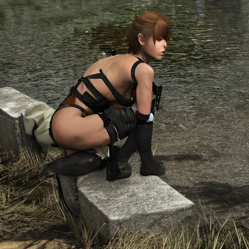 Prompt: quiet from metal gear solid, crouching near a river, intrigued, sun flairs,