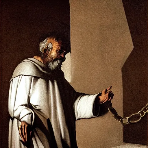 Prompt: Saint Peter in chains inside a prison cell, chiaroscuro, very detailed, by Caravaggio