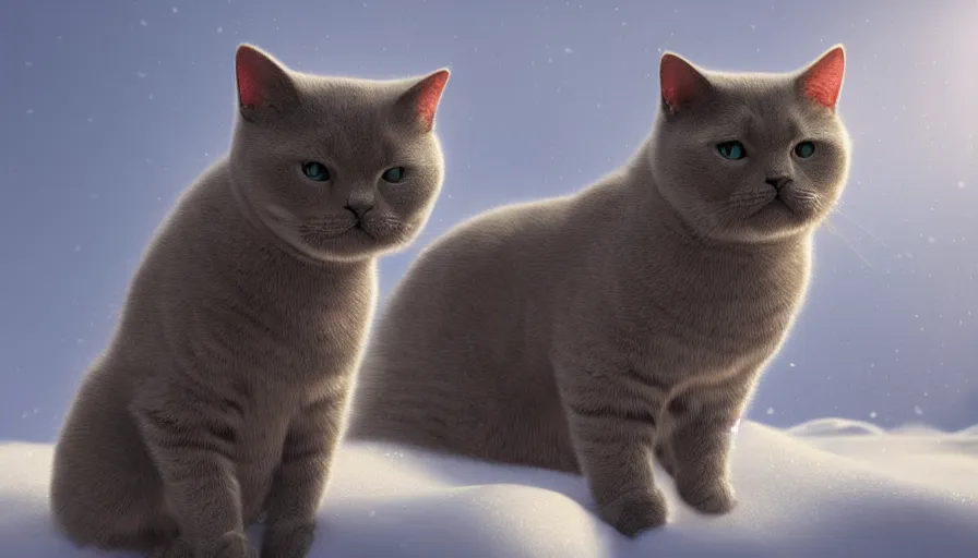 Prompt: british shorthair cat in the snow covered by snow, sunlight, volumetric light, hyperdetailed, artstation, cgsociety, 8 k