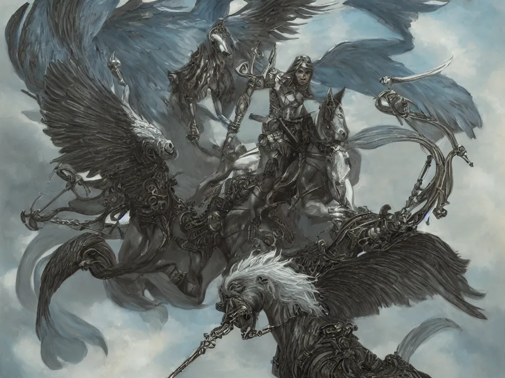 Image similar to valkyrie on white pegasus, epic scene, style of brom, highly detailed