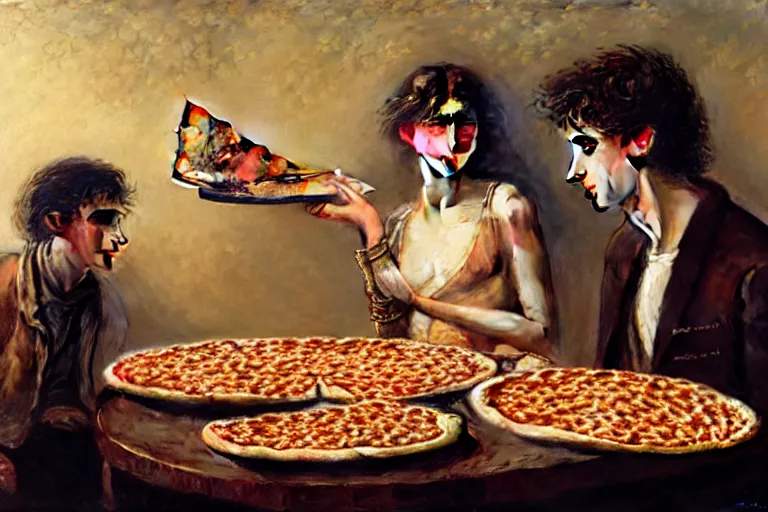 Prompt: timothee chalamet and ana de armas eating baked beans and pizza slices and tacos, portrait dnd, painting by gaston bussiere, craig mullins, greg rutkowski, yoji shinkawa