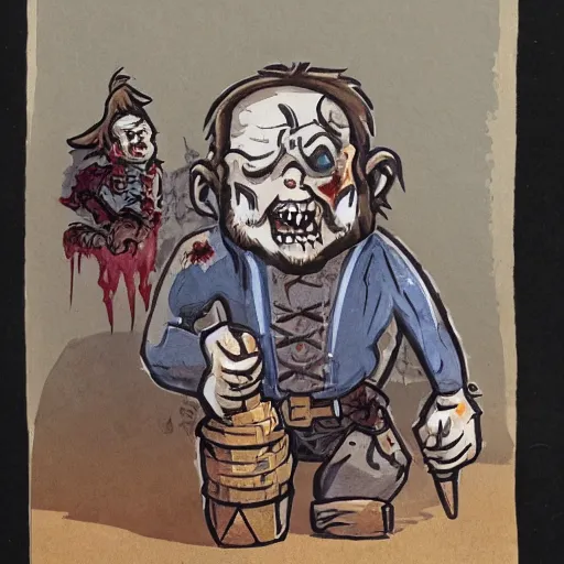 Image similar to gouache of a dwarf necromancer fixing up a zombie